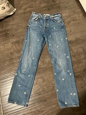 Blue Embroidered Daisy Straight-Leg Jeans reformation